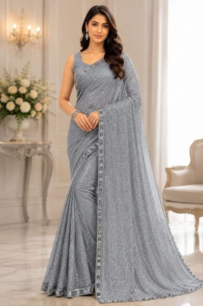 Designer Grey Faux Georgette Saree with Heavy Khichdi Sequins Embroidery at Wholesale Rate Bollywood Fancy Sarees Wholesale