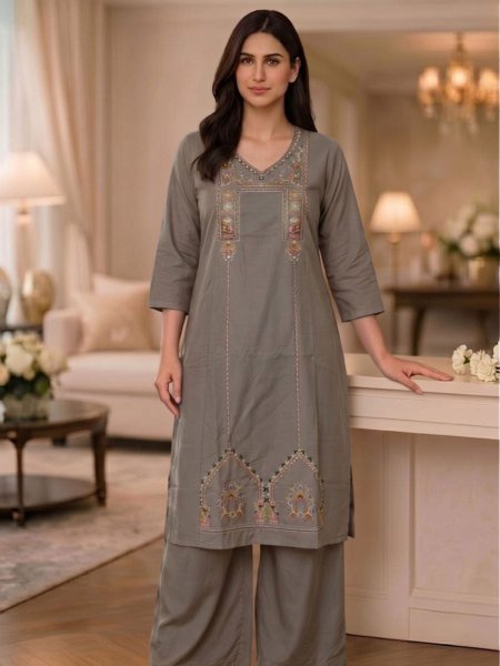Designer Grey Heavy Cotton Kurti Plazzo Set with Beautiful Embroidery Work for Womens Raksha Bandhan 