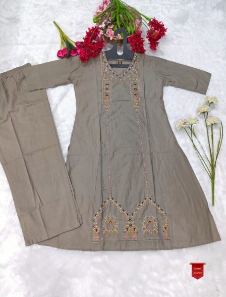 Designer Grey Heavy Cotton Kurti Plazzo Set with Beautiful Embroidery Work for Womens Raksha Bandhan Embroidery Kurtis 