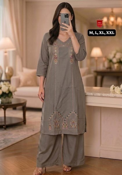 Designer Grey Heavy Cotton Kurti Plazzo Set with Beautiful Embroidery Work for Womens Raksha Bandhan Embroidery Kurtis 
