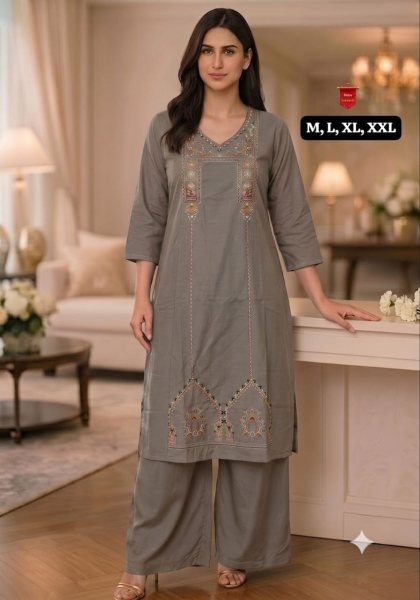 Designer Grey Heavy Cotton Kurti Plazzo Set with Beautiful Embroidery Work for Womens Raksha Bandhan Embroidery Kurtis 