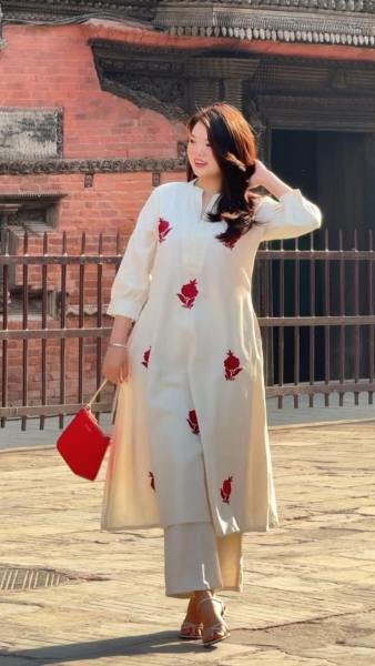 Designer Gulab Work Chanderi Kurti Set with Cotton Lining & Pearl Mala  Straight Cut Long Kurtis