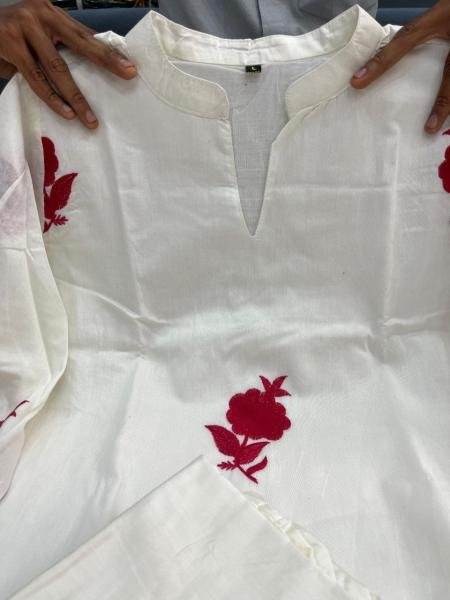 Designer Gulab Work Chanderi Kurti Set with Cotton Lining & Pearl Mala  Straight Cut Long Kurtis