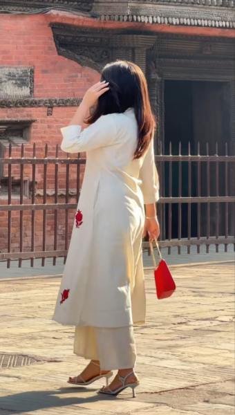 Designer Gulab Work Chanderi Kurti Set with Cotton Lining & Pearl Mala  Straight Cut Long Kurtis