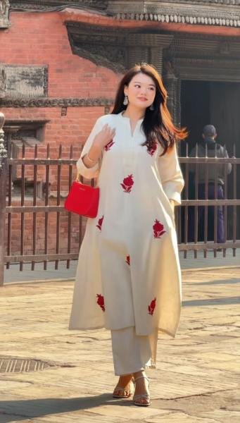 Designer Gulab Work Chanderi Kurti Set with Cotton Lining & Pearl Mala  Straight Cut Long Kurtis