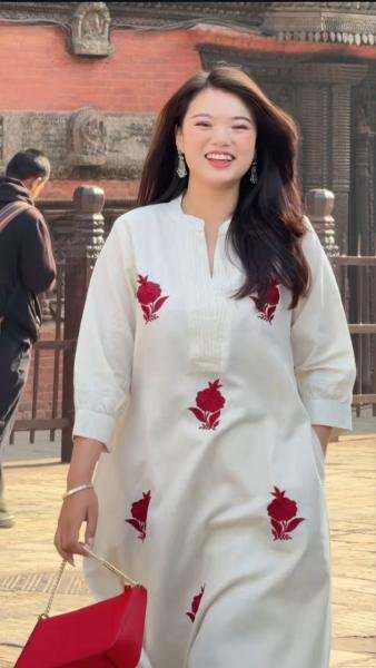 Designer Gulab Work Chanderi Kurti Set with Cotton Lining & Pearl Mala  Straight Cut Long Kurtis
