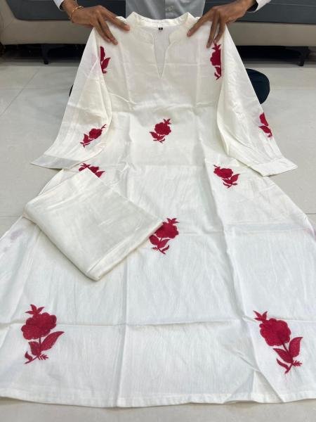 Designer Gulab Work Chanderi Kurti Set with Cotton Lining & Pearl Mala  Straight Cut Long Kurtis