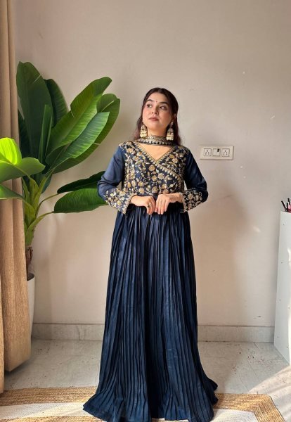 Designer Heavy Embroidered Long Gown with Pleated Flare For Festive Wear Ready To Wear Collection