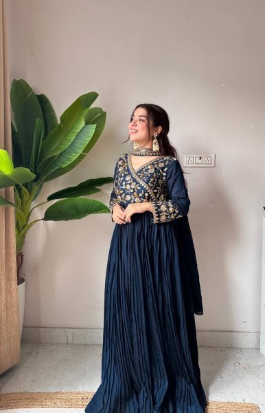 Designer Heavy Embroidered Long Gown with Pleated Flare For Festive Wear Ready To Wear Collection