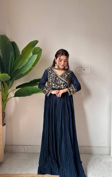 Designer Heavy Embroidered Long Gown with Pleated Flare For Festive Wear Ready To Wear Collection