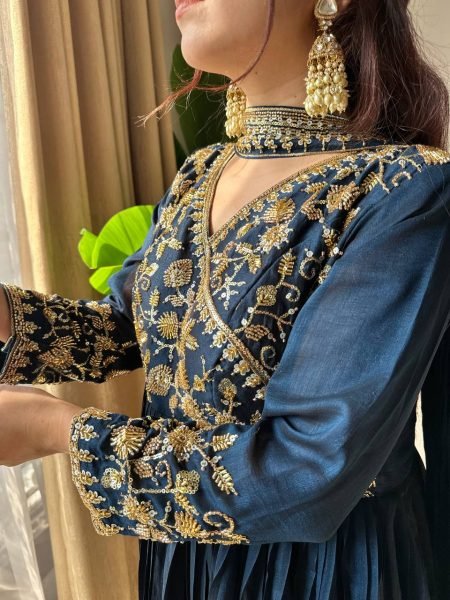 Designer Heavy Embroidered Long Gown with Pleated Flare For Festive Wear Ready To Wear Collection