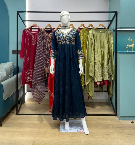 Designer Heavy Embroidered Long Gown with Pleated Flare For Festive Wear Ready To Wear Collection