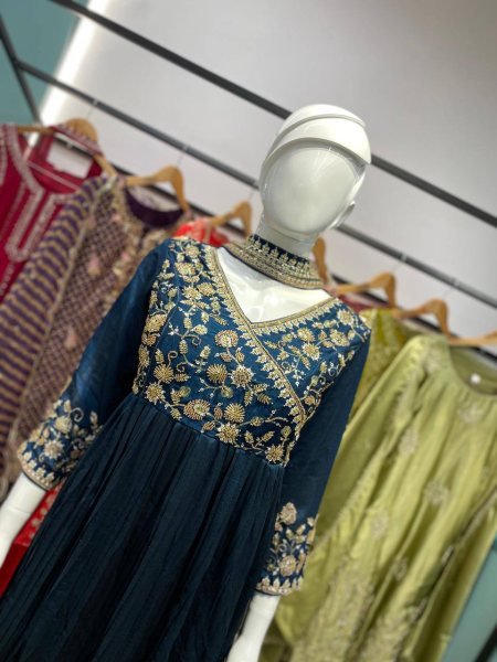 Designer Heavy Embroidered Long Gown with Pleated Flare For Festive Wear Ready To Wear Collection