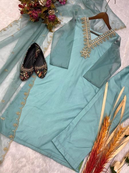 Designer Heavy Work Organza Suits 3 Piece Kurti Set