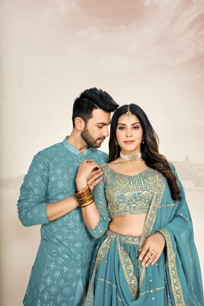 Designer His and Her Ethnic Set Georgette Silk Perfect for Wedding Special Couple Combo collection 