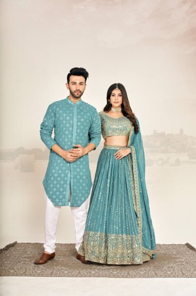 Designer His and Her Ethnic Set Georgette Silk Perfect for Wedding Special Couple Combo collection 
