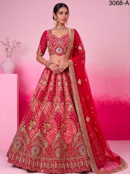 Designer Hot Pink Bridal Lehenga Choli with Heavy Lace  Dabki Handwork and Real Mirror 