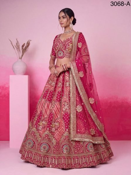 Designer Hot Pink Bridal Lehenga Choli with Heavy Lace  Dabki Handwork and Real Mirror Bridal Lehenga Choli