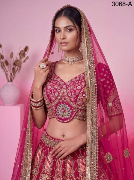 Designer Hot Pink Bridal Lehenga Choli with Heavy Lace  Dabki Handwork and Real Mirror Bridal Lehenga Choli