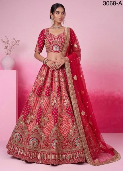Designer Hot Pink Bridal Lehenga Choli with Heavy Lace  Dabki Handwork and Real Mirror Bridal Lehenga Choli