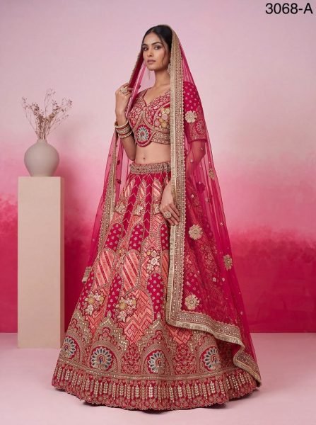 Designer Hot Pink Bridal Lehenga Choli with Heavy Lace  Dabki Handwork and Real Mirror Bridal Lehenga Choli