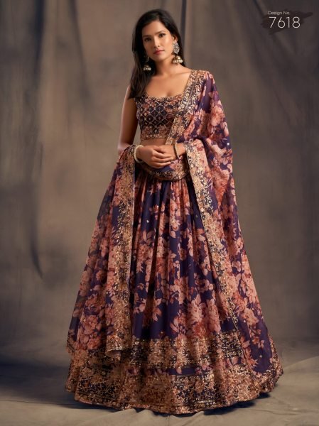 Designer Indigo Purple Organza Floral Print Wedding Wear Lehenga. Designer Lehenga Choli