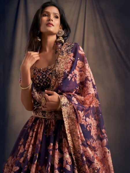 Designer Indigo Purple Organza Floral Print Wedding Wear Lehenga. Designer Lehenga Choli