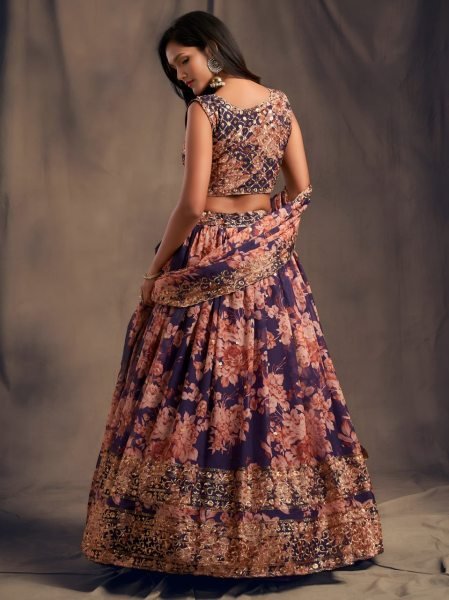 Designer Indigo Purple Organza Floral Print Wedding Wear Lehenga. Designer Lehenga Choli