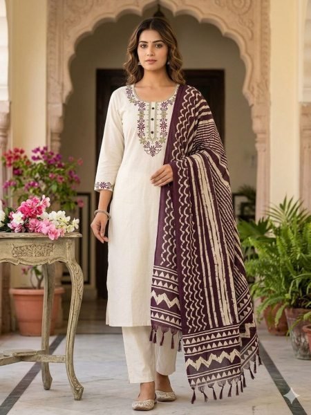 Designer Khadi Cotton Embroidered Kurti with Matching Pant and Bhagalpuri Dupatta for All Day Wear 
