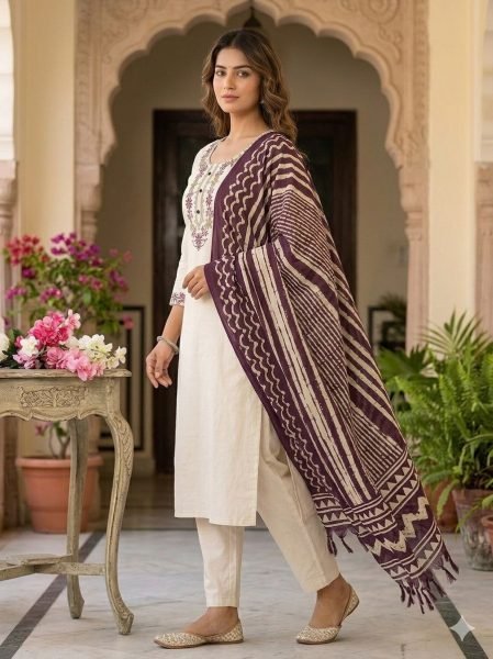 Designer Khadi Cotton Embroidered Kurti with Matching Pant and Bhagalpuri Dupatta for All Day Wear Embroidery Kurtis 