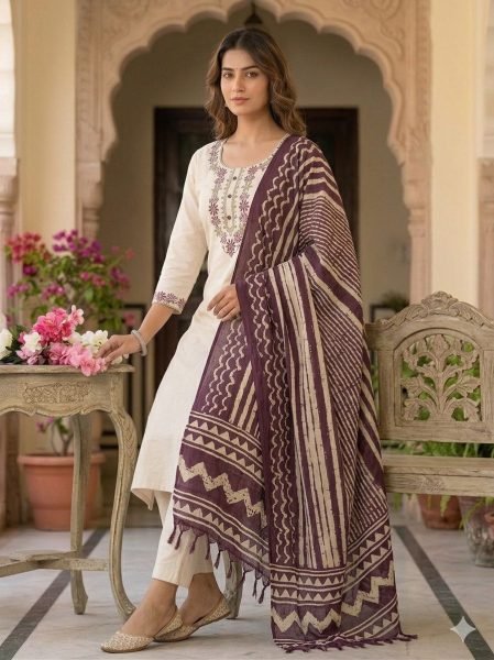 Designer Khadi Cotton Embroidered Kurti with Matching Pant and Bhagalpuri Dupatta for All Day Wear Embroidery Kurtis 