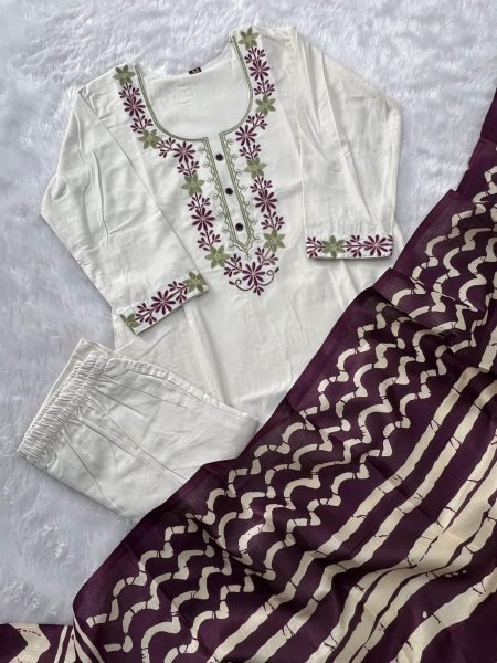 Designer Khadi Cotton Embroidered Kurti with Matching Pant and Bhagalpuri Dupatta for All Day Wear Embroidery Kurtis 