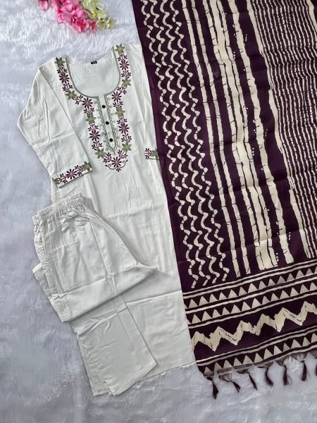 Designer Khadi Cotton Embroidered Kurti with Matching Pant and Bhagalpuri Dupatta for All Day Wear Embroidery Kurtis 