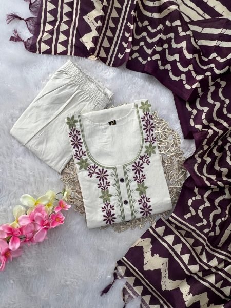 Designer Khadi Cotton Embroidered Kurti with Matching Pant and Bhagalpuri Dupatta for All Day Wear Embroidery Kurtis 