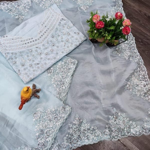 Designer Khaadii Organza Silk Saree with Matching Blouse Elegant Embroidered Set at Low Manufacturer Rate Organza Sarees Wholesale