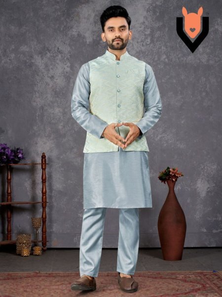 Designer Kurta Pajama with Self-Design Nehru Jacket Party Wear Look Mens Wear