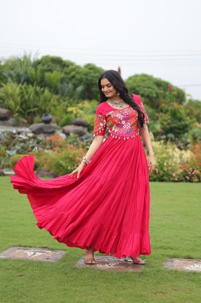 Designer Kutchi Embroidery Gown Full Flair Rayon Dress For Garba Nights Navratri Collection