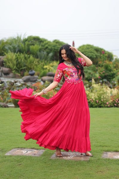 Designer Kutchi Embroidery Gown Full Flair Rayon Dress For Garba Nights Navratri Collection