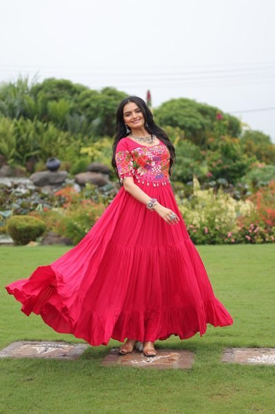 Designer Kutchi Embroidery Gown Full Flair Rayon Dress For Garba Nights Navratri Collection