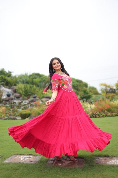 Designer Kutchi Embroidery Gown Full Flair Rayon Dress For Garba Nights Navratri Collection