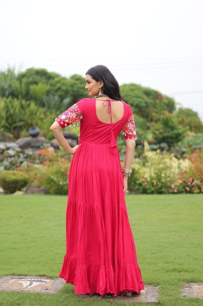 Designer Kutchi Embroidery Gown Full Flair Rayon Dress For Garba Nights Navratri Collection