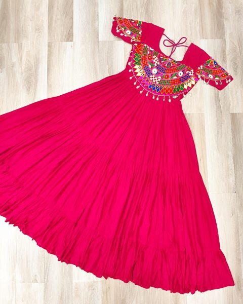 Designer Kutchi Embroidery Gown Full Flair Rayon Dress For Garba Nights Navratri Collection