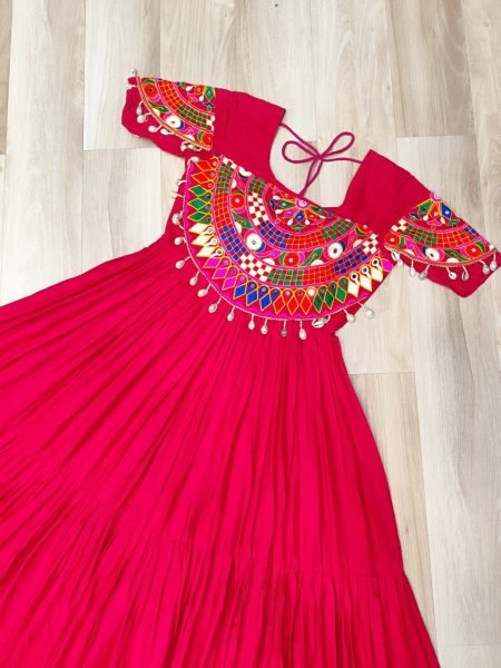 Designer Kutchi Embroidery Gown Full Flair Rayon Dress For Garba Nights Navratri Collection