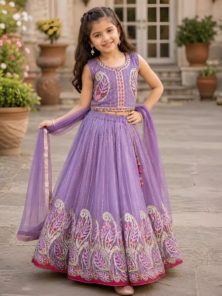 Designer Lavender Kids Georgette Lehenga with Heavy Embroidery and Sequins Work 