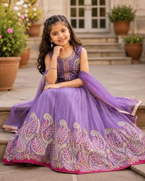 Designer Lavender Kids Georgette Lehenga with Heavy Embroidery and Sequins Work Girls Wear