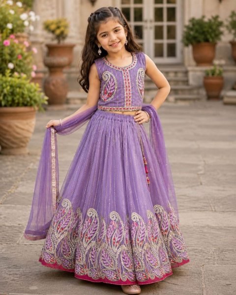Designer Lavender Kids Georgette Lehenga with Heavy Embroidery and Sequins Work Girls Wear
