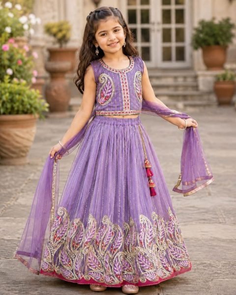 Designer Lavender Kids Georgette Lehenga with Heavy Embroidery and Sequins Work Girls Wear