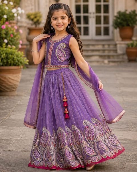 Designer Lavender Kids Georgette Lehenga with Heavy Embroidery and Sequins Work Girls Wear