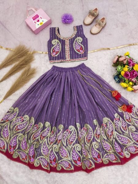 Designer Lavender Kids Georgette Lehenga with Heavy Embroidery and Sequins Work Girls Wear