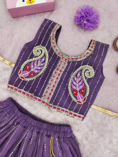 Designer Lavender Kids Georgette Lehenga with Heavy Embroidery and Sequins Work Girls Wear